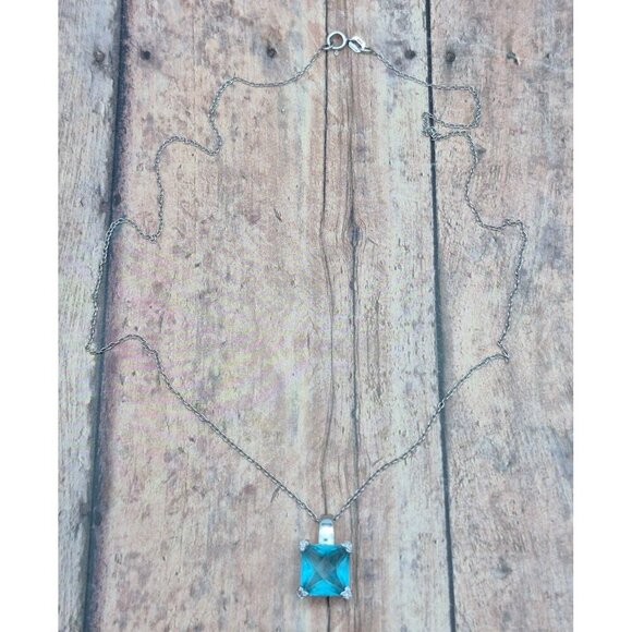 FAS Sterling Pendant Necklace Dainty Chain Drop Pendant Ice Blue Faceted Crystal - Picture 7 of 9